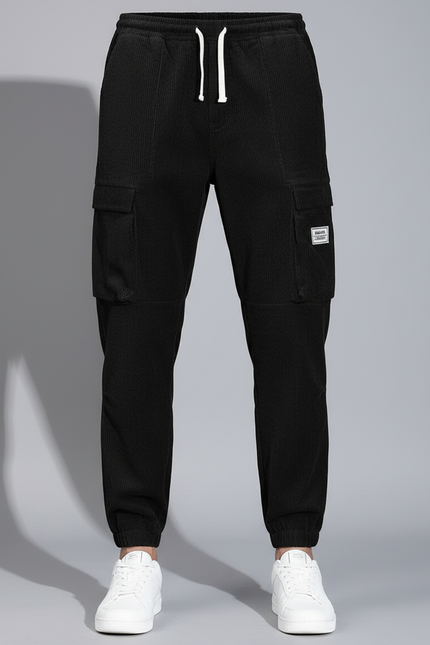 Pantalon Cargo Noir Côtelé Ample Homme Décontracté - Cordé - vue 3