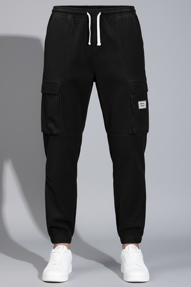 Pantalon Cargo Noir Côtelé Ample Homme Décontracté - Cordé - vue 3