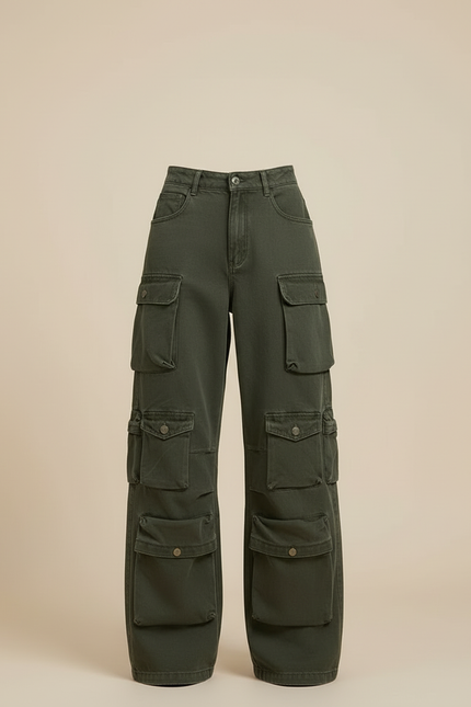 Pantalon Cargo Vert Ample Multipoches Taille Haute Femme - Kaki Toile - vue 3