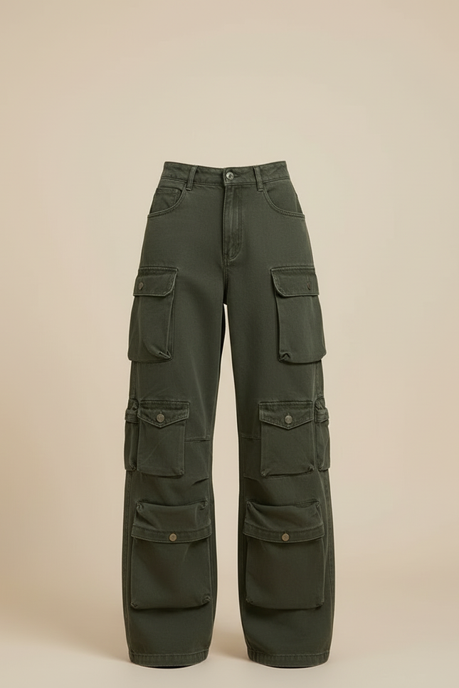 Pantalon Cargo Vert Ample Multipoches Taille Haute Femme - Kaki Toile - vue 3