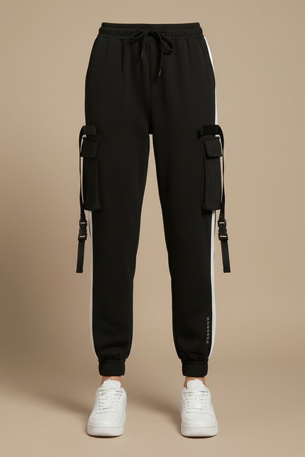 Pantalon Cargo Noir Bandes Blanches Ample Femme - Molleton - vue 3
