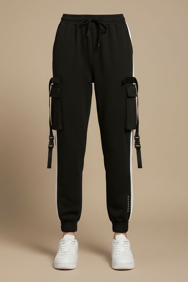 Pantalon Cargo Noir Bandes Blanches Ample Femme - Molleton - vue 3