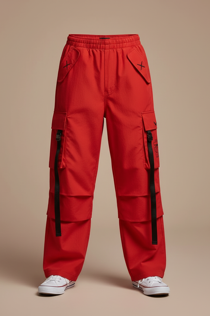 Pantalon Cargo Rouge Ample Poches Multiples Garçon - Polyester - vue 3