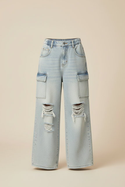 Pantalon Cargo Ample Jean Délavé Dégrippé Fille - Bleu - vue 3