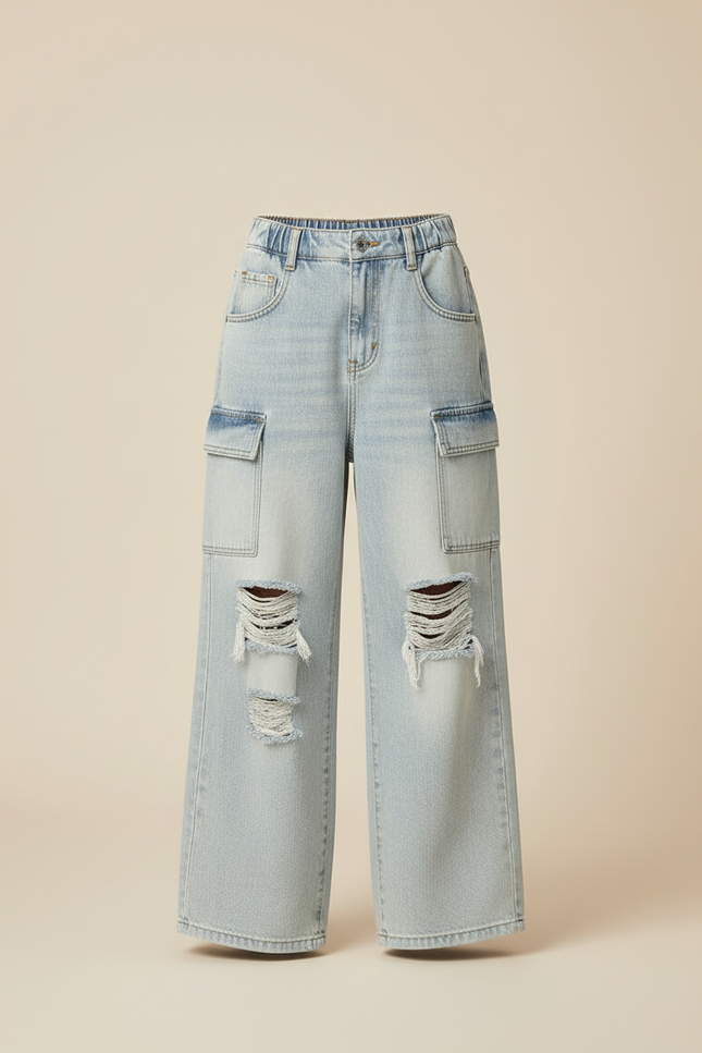 Pantalon Cargo Ample Jean Délavé Dégrippé Fille - Bleu - vue 3