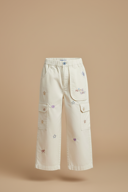 Pantalon Cargo Crème Brodé Ample Fille Enfants - Beige Toile - vue 3