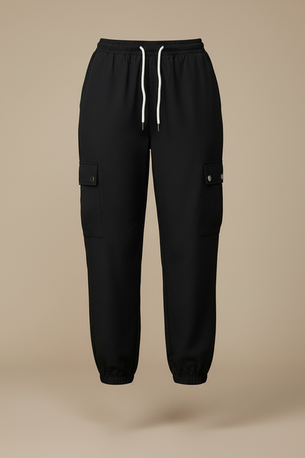 Pantalon Cargo Noir Décontracté Cordon Taille Haute Femme - Polyester - vue 3
