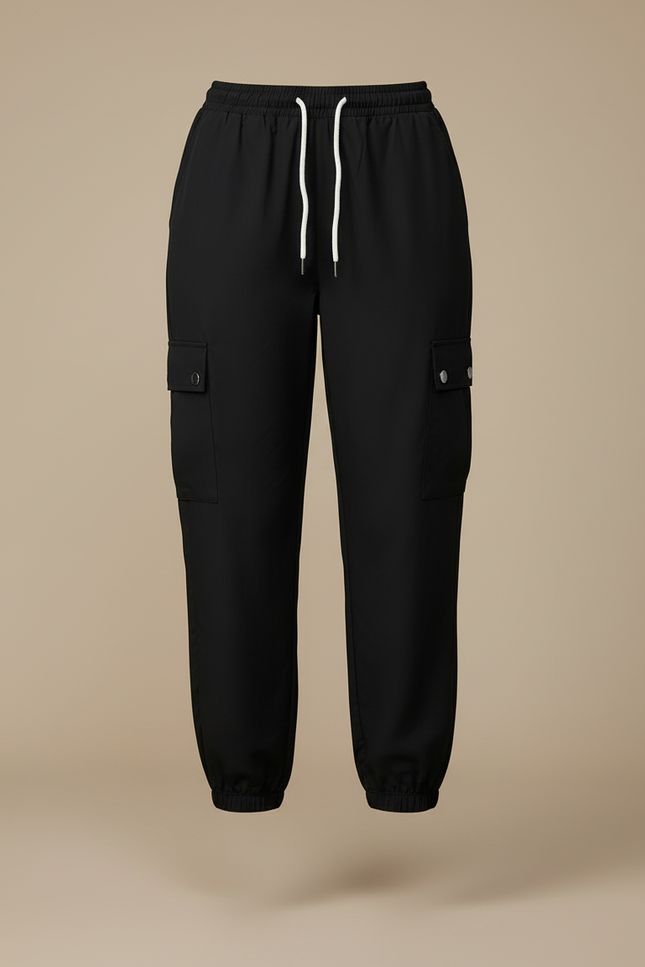 Pantalon Cargo Noir Décontracté Cordon Taille Haute Femme - Polyester - vue 3