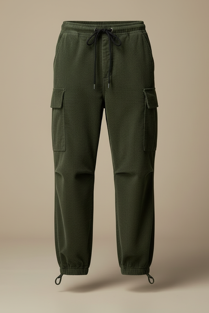 Pantalon Cargo Vert Côtelé Ample Multipoches Homme - Cordé - vue 3