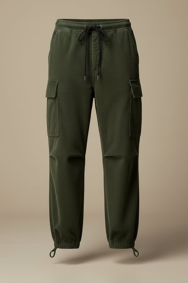 Pantalon Cargo Vert Côtelé Ample Multipoches Homme - Cordé - vue 3