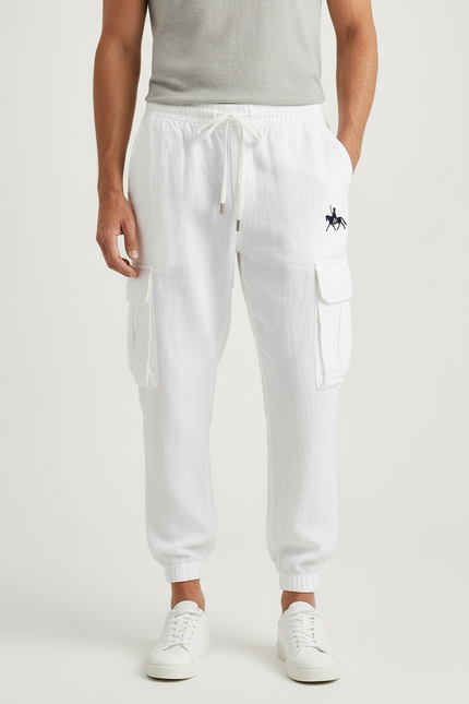 Pantalon Cargo Blanc Lin Coton Multipoches Homme Décontracté - vue 3