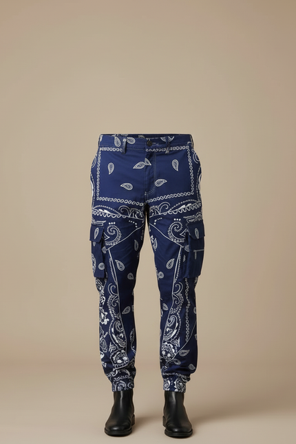 Pantalon Cargo Bleu Bandana Imprimé Ample Streetwear - Polyester - vue 3