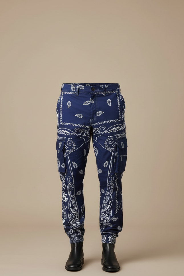 Pantalon Cargo Bleu Bandana Imprimé Ample Streetwear - Polyester - vue 3