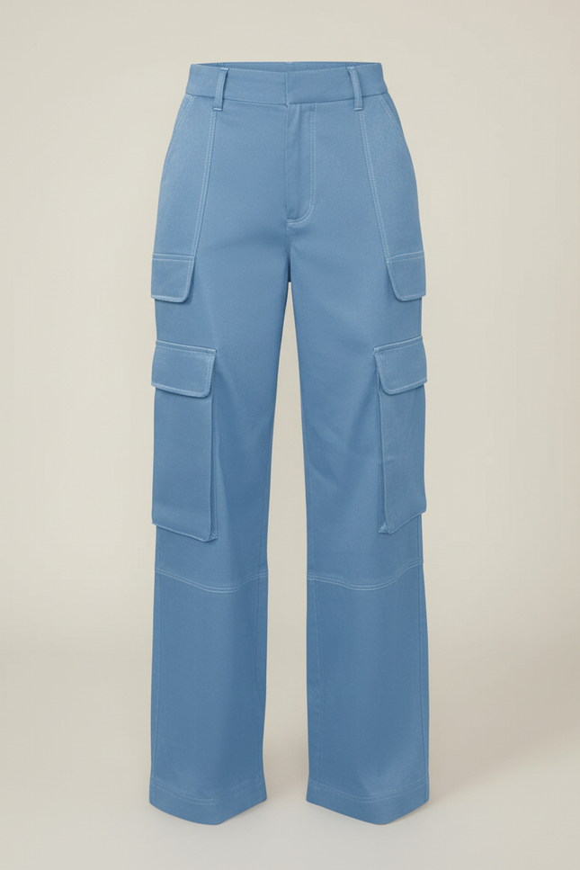 Pantalon Cargo Bleu Satin Ample Poches Femme - vue 3
