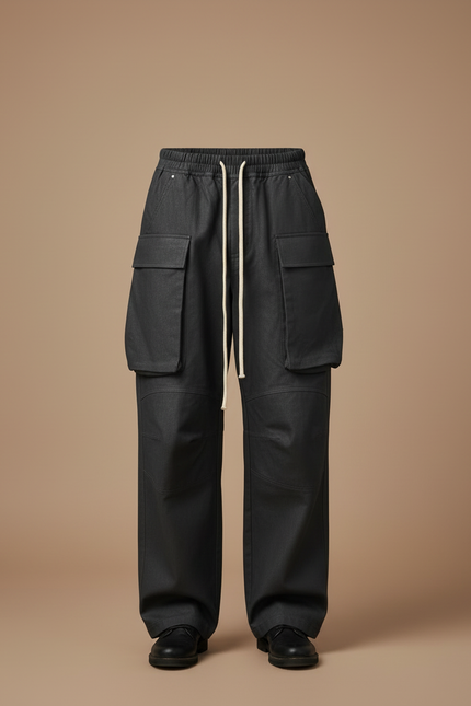 Pantalon Cargo Noir Ample Coton Multipoches Homme - Toile - vue 3