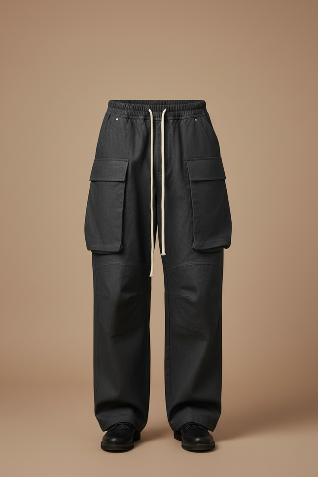 Pantalon Cargo Noir Ample Coton Multipoches Homme - Toile - vue 3