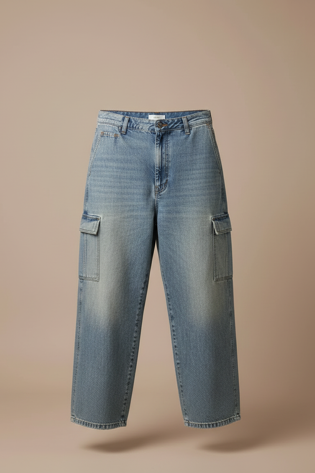 Pantalon Cargo Jean Ample Délavé Multipoches Homme - Bleu - vue 3