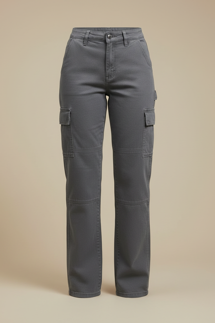 Pantalon Cargo Gris Décontracté Coupe Droite Multipoches Femme - Toile - vue 3