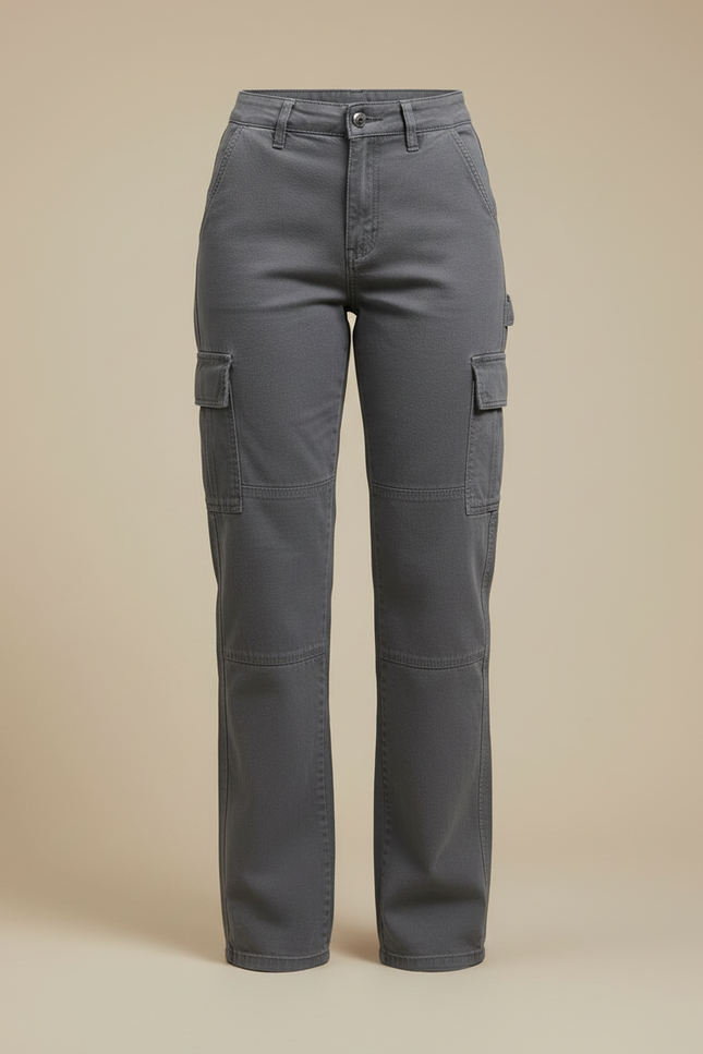 Pantalon Cargo Gris Décontracté Coupe Droite Multipoches Femme - Toile - vue 3