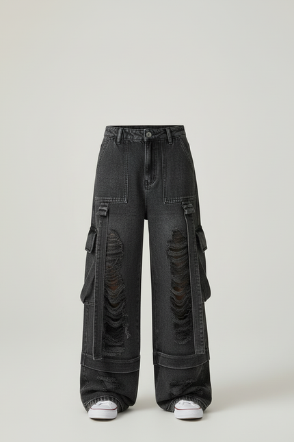 Pantalon Cargo Noir Ample Déchiré Denim Fille - Jean - vue 3
