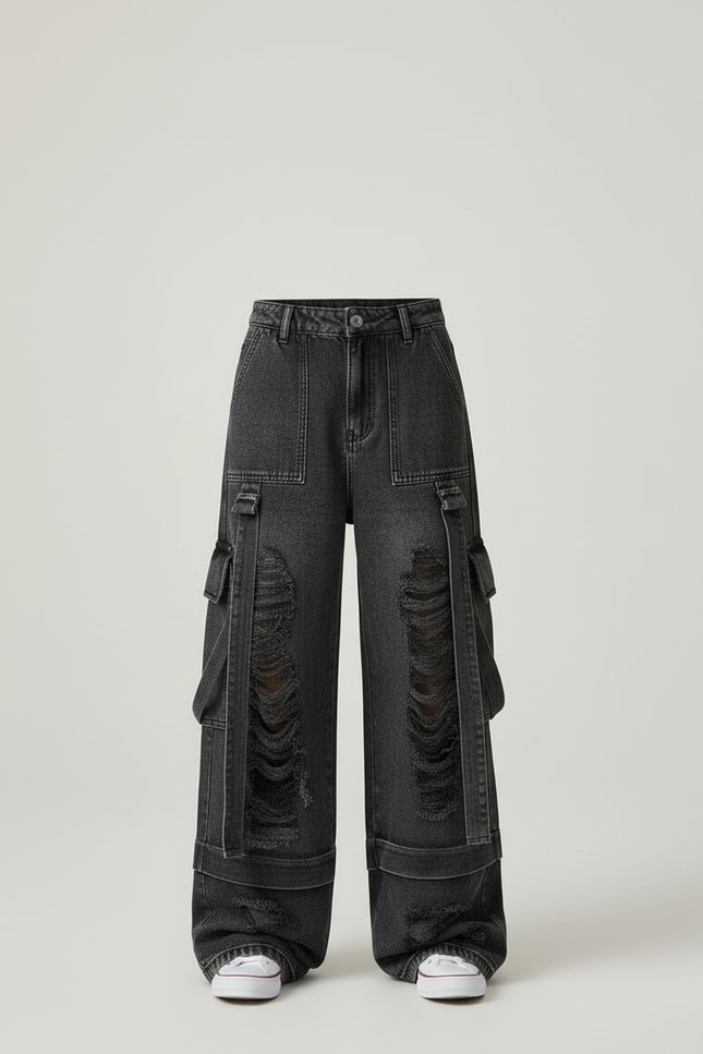 Pantalon Cargo Noir Ample Déchiré Denim Fille - Jean - vue 3