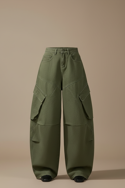 Pantalon Cargo Vert Ample Coton Multipoches Décontracté - Kaki - vue 3