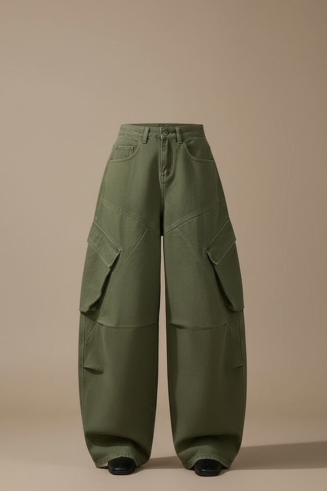 Pantalon Cargo Vert Ample Coton Multipoches Décontracté - Kaki - vue 3