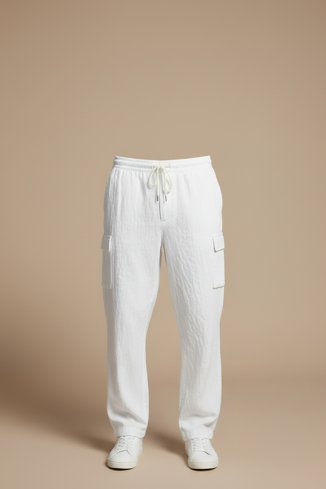 Pantalon Cargo Blanc Léger Cordon Multipoches Décontracté Homme - Lin - vue 3