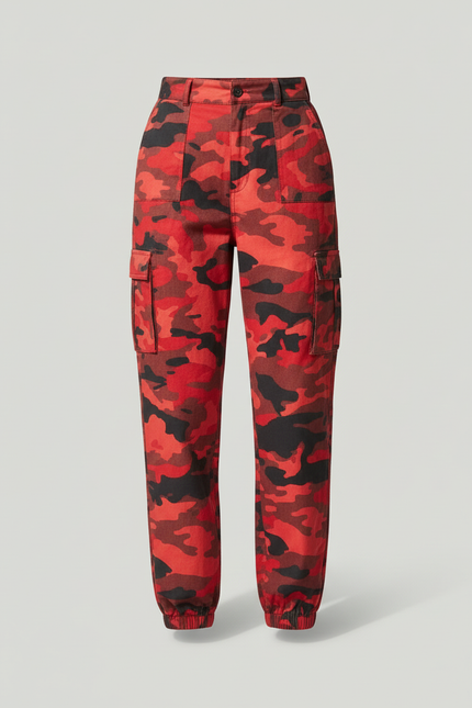 Pantalon Cargo Camouflage Rouge Ample Femme Élastiqué - Toile - vue 3