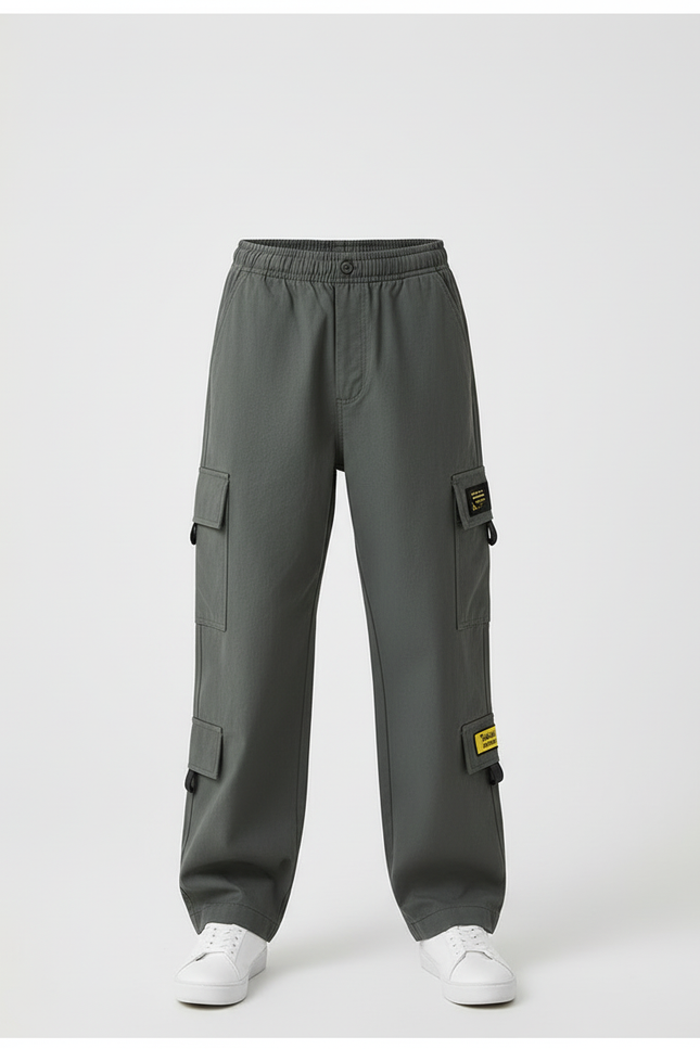 Pantalon Cargo Gris Ample Multipoches Garçon Décontracté - Kaki Toile - vue 3