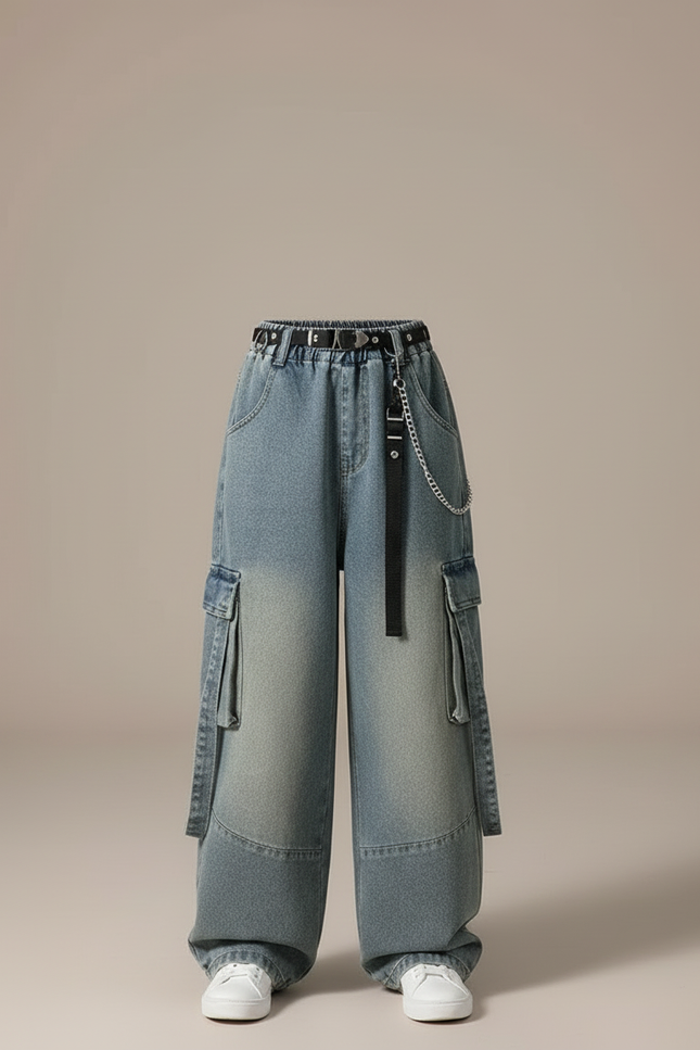 Pantalon Cargo Jean Ample Bleu Décontracté Multipoches - vue 3