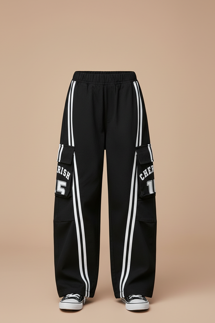 Pantalon Cargo Noir Rayures Blanches Streetwear Fille - Polyester - vue 3