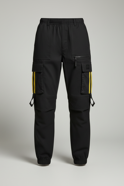 Pantalon Cargo Noir Décontracté Bandes Jaunes Femme - Toile - vue 3