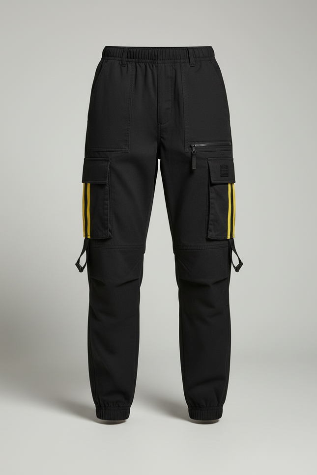 Pantalon Cargo Noir Décontracté Bandes Jaunes Femme - Toile - vue 3