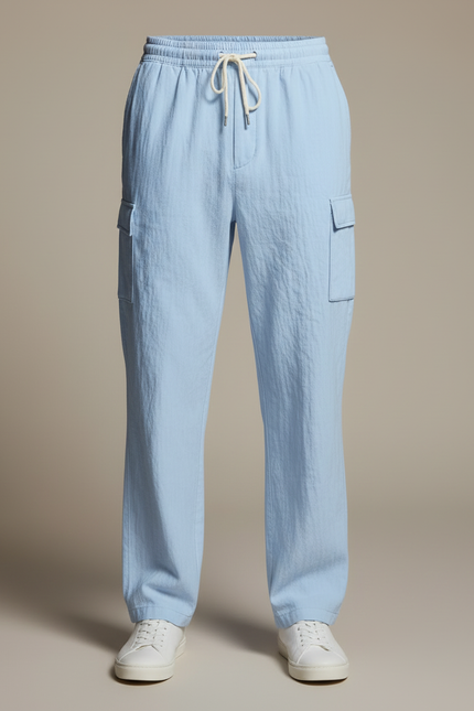 Pantalon Cargo Bleu Clair Léger Décontracté À Cordon - Lin - vue 3