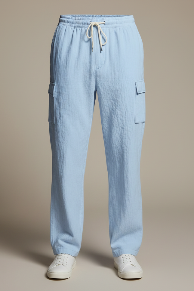 Pantalon Cargo Bleu Clair Léger Décontracté À Cordon - Lin - vue 3