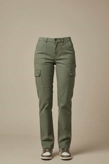 Pantalon Cargo Vert Kaki Coton Multipoches Décontracté Femme - vue 3