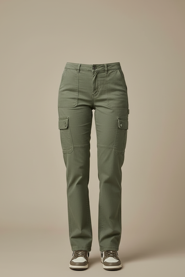 Pantalon Cargo Vert Kaki Coton Multipoches Décontracté Femme - vue 3