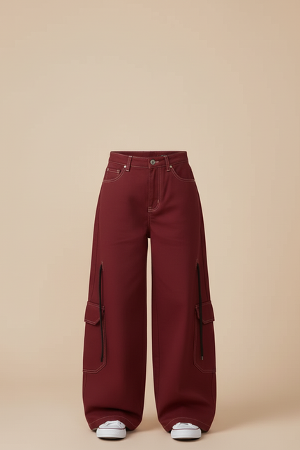 Pantalon Cargo Bordeaux Ample Décontracté Fille - Gabardine - vue 3