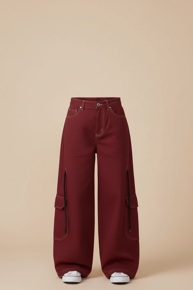 Pantalon Cargo Bordeaux Ample Décontracté Fille - Gabardine - vue 3