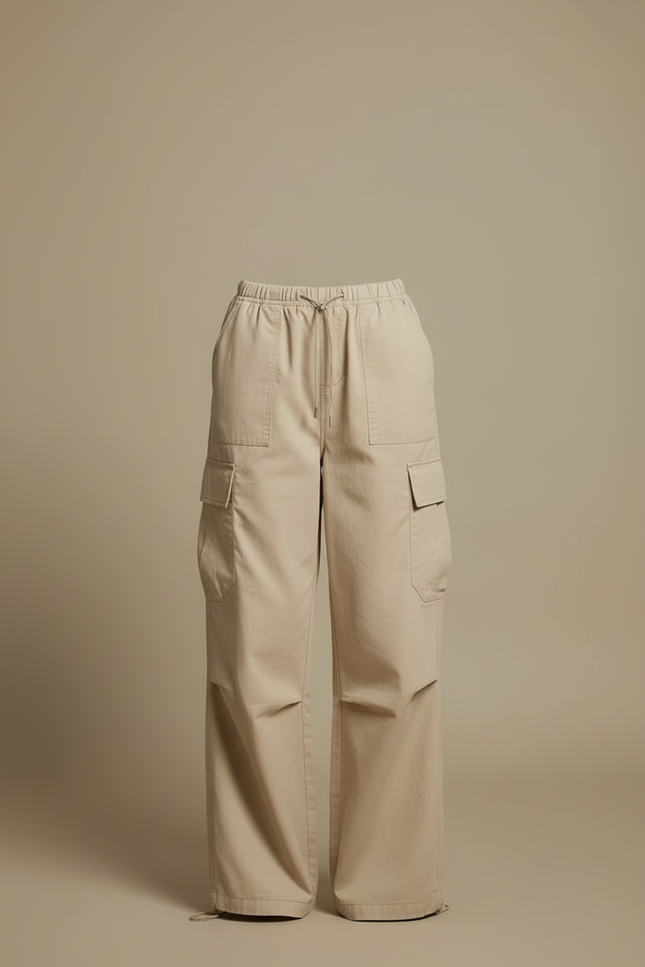 Pantalon Cargo Beige Ample Coton Taille Haute Décontracté Femme - Toile - vue 3
