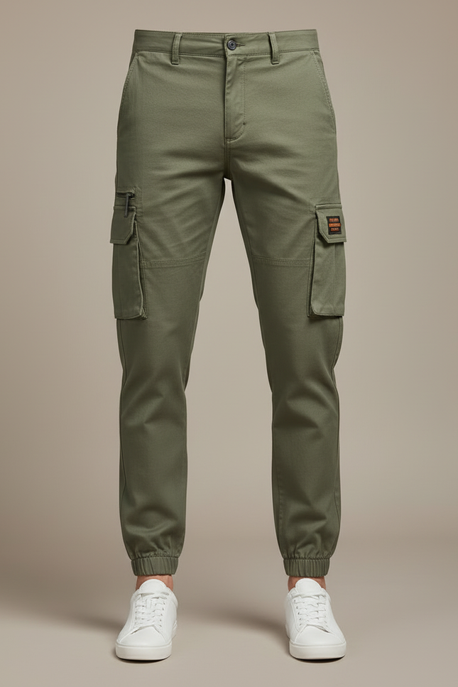 Pantalon Cargo Vert Militaire Coton Multipoches Jogger Homme - Kaki Toile - vue 3