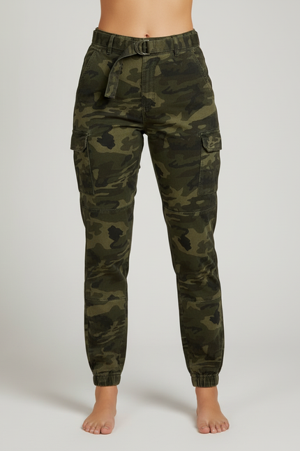 Pantalon Cargo Camouflage Ceinturé Jogger Femme - Vert Coton - vue 3