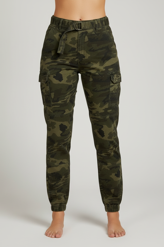 Pantalon Cargo Camouflage Ceinturé Jogger Femme - Vert Coton - vue 3