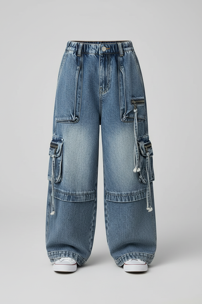 Pantalon Cargo Jean Ample Multipoches Délavé Enfant - Bleu - vue 3