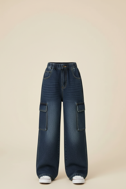 Pantalon Cargo Jean Large Délavé Enfant Fille - Bleu - vue 2