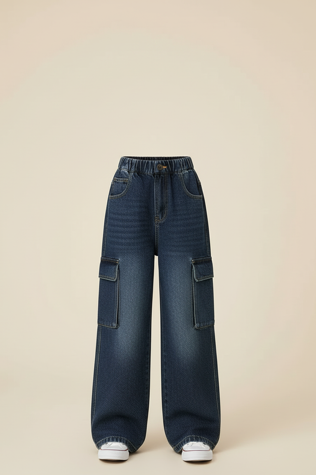 Pantalon Cargo Jean Large Délavé Enfant Fille - Bleu - vue 2
