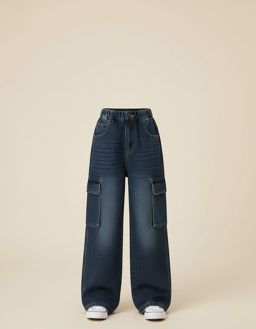 Pantalon Cargo Jean Large Délavé Enfant Fille - Bleu - vue 2