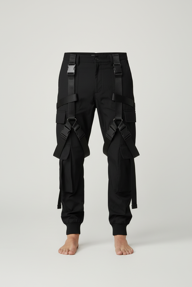 Pantalon Cargo Noir Tactique Boucles Sangles Homme - Toile - vue 3
