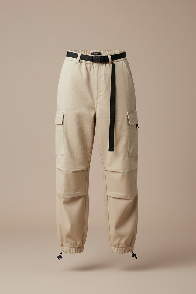 Pantalon Cargo Beige Ample Ceinturé Femme Coton - Toile - vue 3